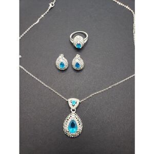 𝅺silver plated blue stone necklace ring earrings jewelry set